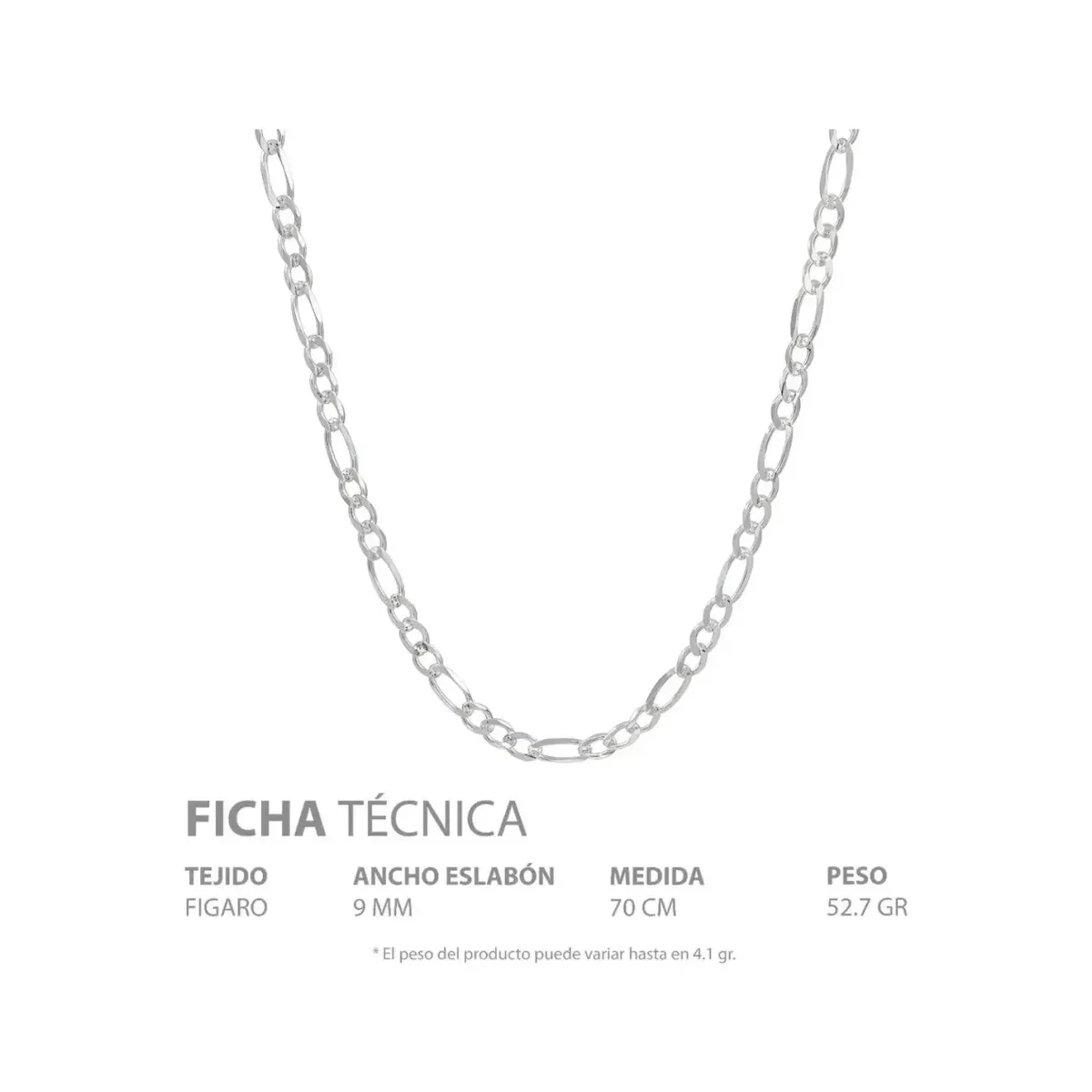 Cadena Plata 925 Figaro 3x1 Diamantada para Hombre 70cm - Imagen 5