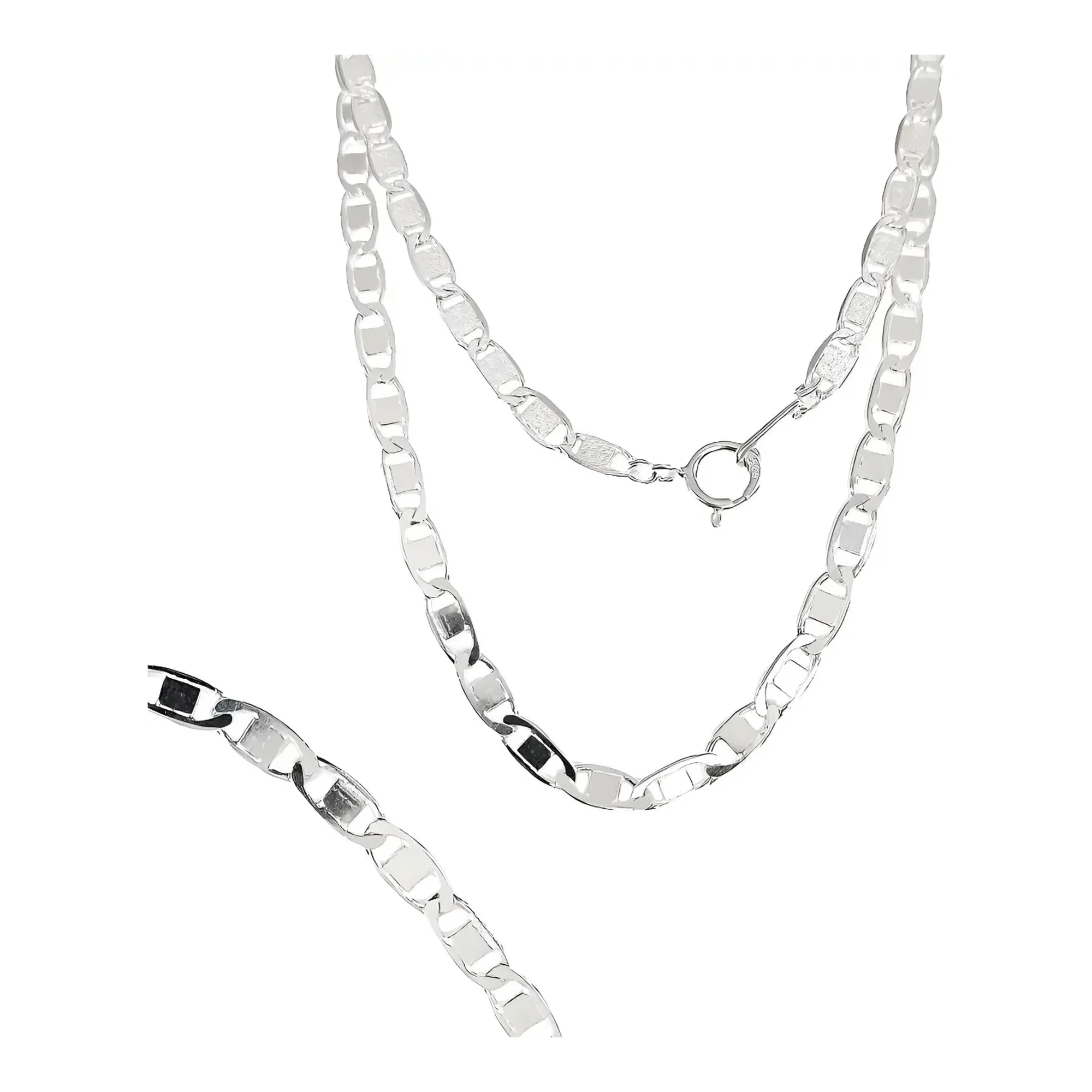 Cadena de plata hombre marinera lisa en plata ley 925 nacional de 60 cm con eslabones de 5 mm y broche tipo perico seguro