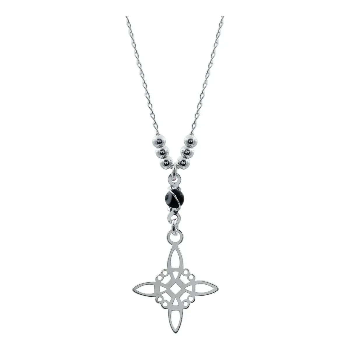 Collar de Plata .925 Nacional con dije Nudo Bruja Ojo Turco y Zirconia Negra. Joyería esotérica artesanal mexicana para mujer