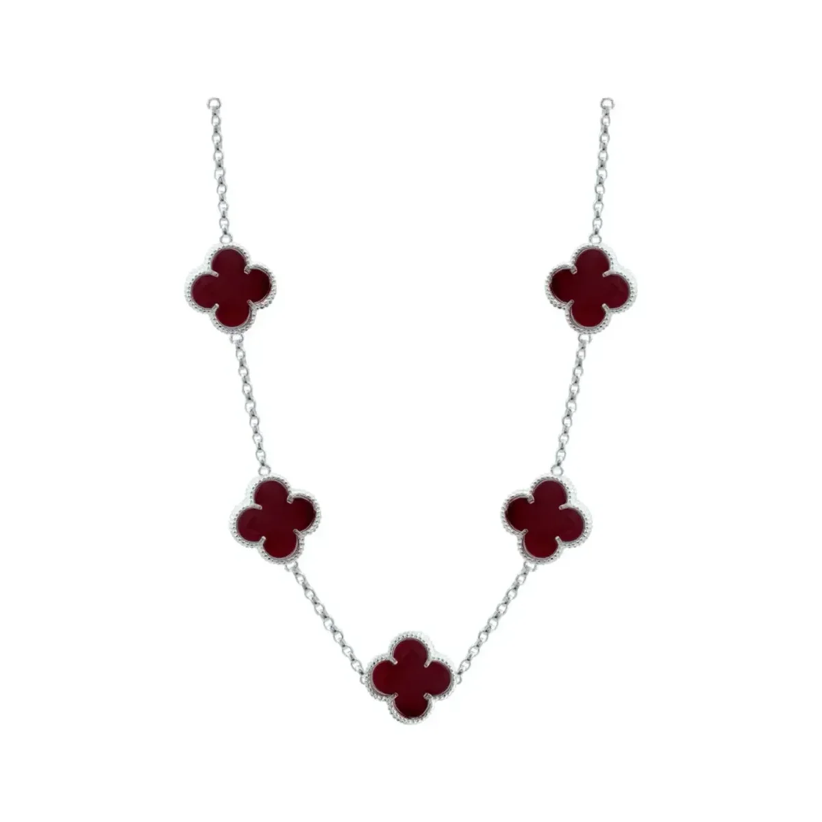 Collar de plata .925 nacional, cadena gruesa de 65cm tejido Rolo, dije trébol esmaltado vino. Joyería de plata ética y sosten
