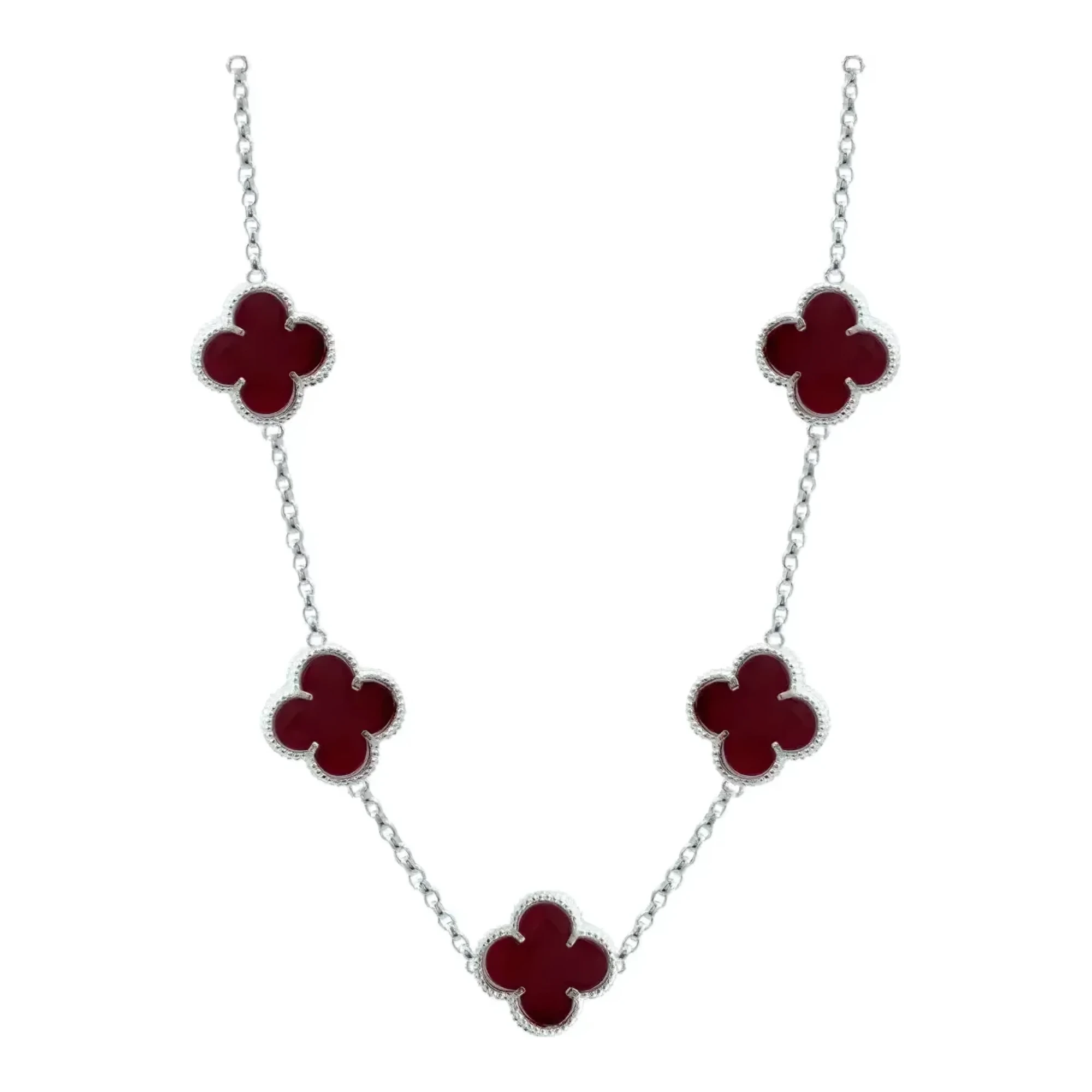Collar trébol cuatro hojas plata 925 nacional esmaltado vino, dije amuleto suerte 15mm y cadena tejido Rolo de 65cm para