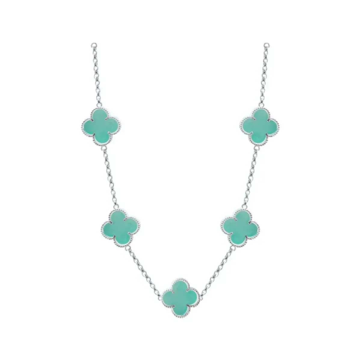 Cadena Plata .925 Tréboles Esmaltados Menta 65cm. Collar largo mujer, joyería artesanal mexicana, diseño maximalista y chunky