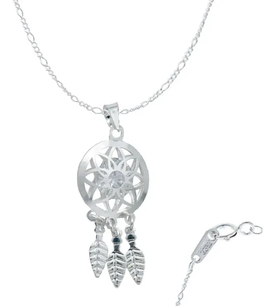 Collar Cadena de Plata Ley 925 Atrapasueños con Detalles Florales y Zirconia - Imagen 1