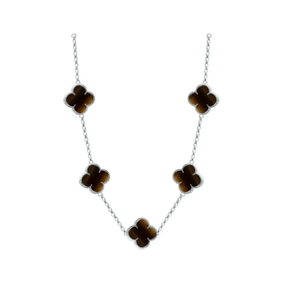 Collar Cadena Plata .925, 65cm, con Dijes Trébol Esmaltado Café. Joyería de plata 925, collares largos de plata mexicana con