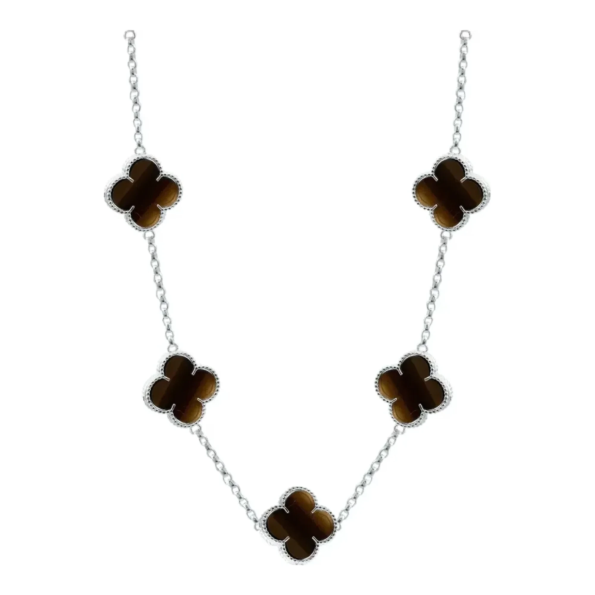 Collar de trébol para mujer con dijes trébol esmaltado café en cadena rolo de plata .925 nacional de 65cm con broche perico