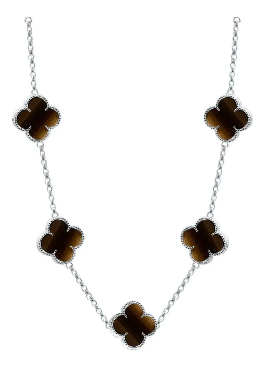 Collar Cadena Plata .925, 65cm, con Dijes Trébol Esmaltado Café. Joyería minimalista, collares largos de plata mexicana.