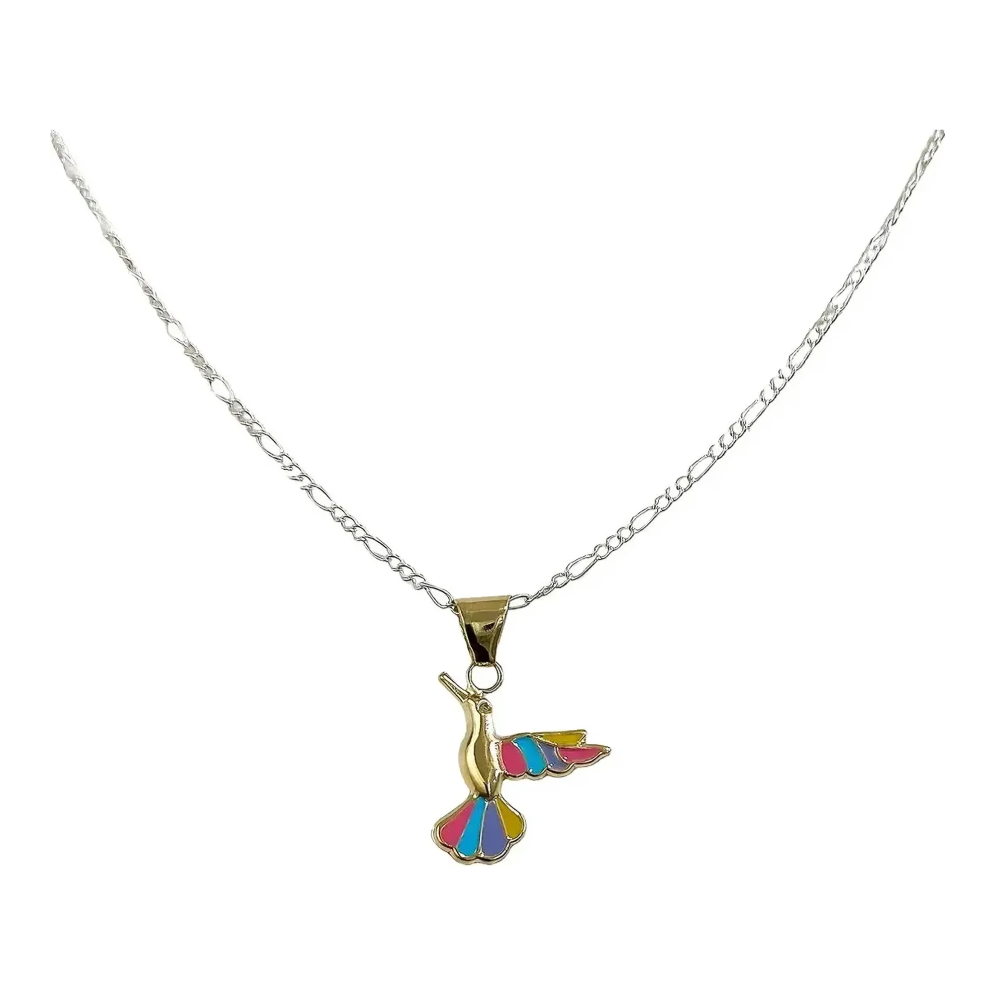 Collar de colibri de oro para mujer en oro 10k con dije esmaltado multicolor de 20x13 mm y cadena Figaro 3x1 de 50 cm Joyaris