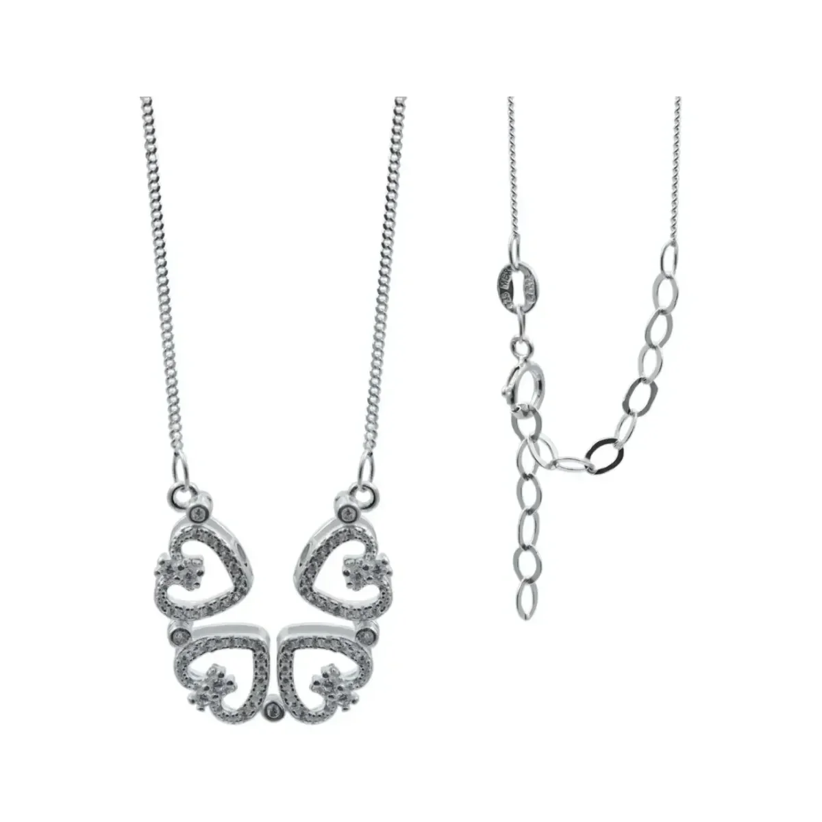 Collar de Plata .925 ley con diseño de corazones y zirconia blanca. Gargantilla ajustable de Plata, estilo versátil y moderno