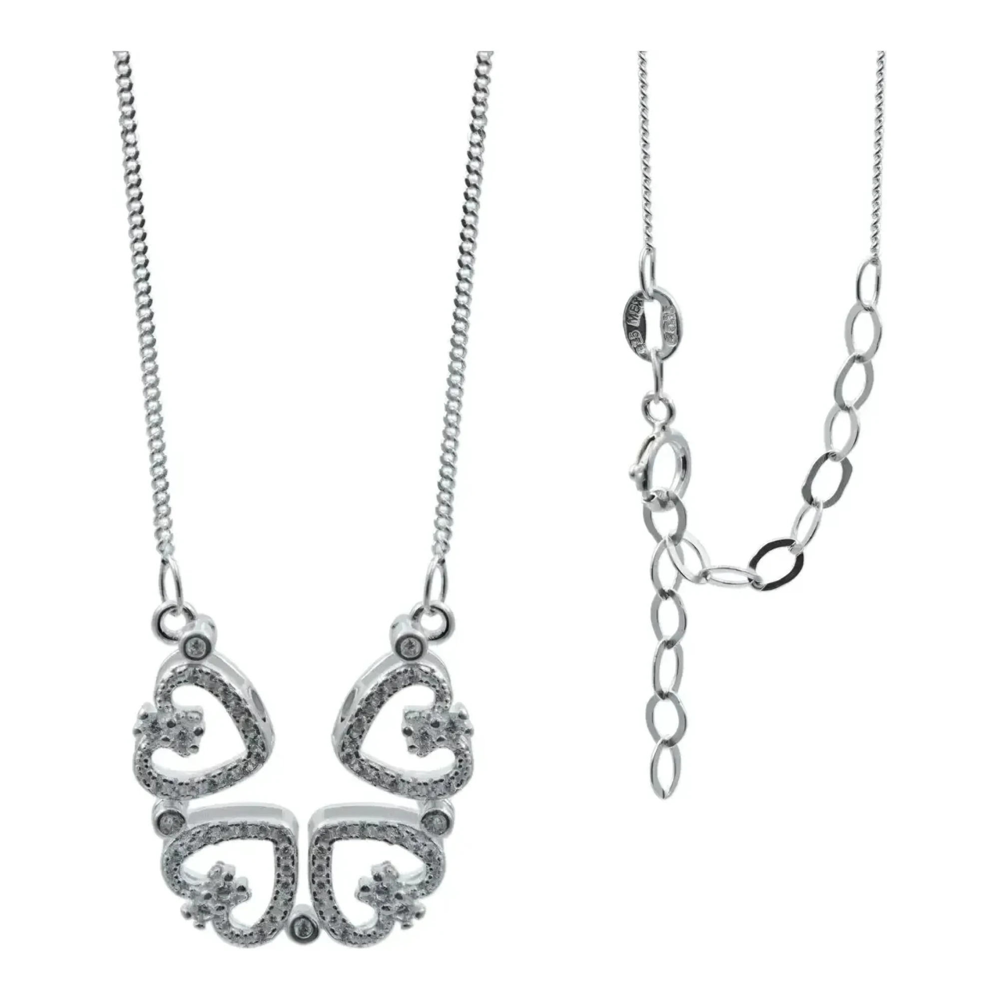 Dije de corazon plata 925 con zirconias blancas y cadena barbada de plata para mujer en joyeria mexicana artesanal Taxco