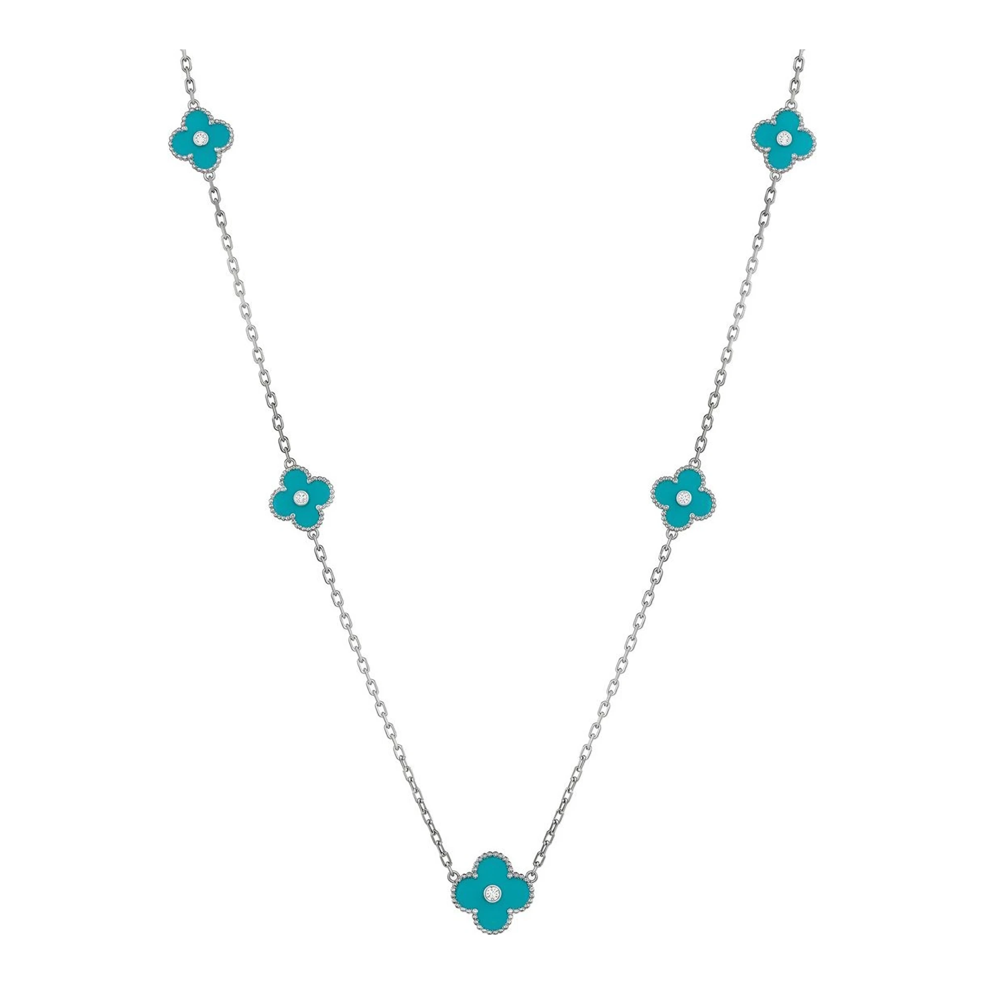 Collar de plata .925 con 7 motivos de trébol turquesa ajustable 60 cm - Joyaris joyería fina mexicana