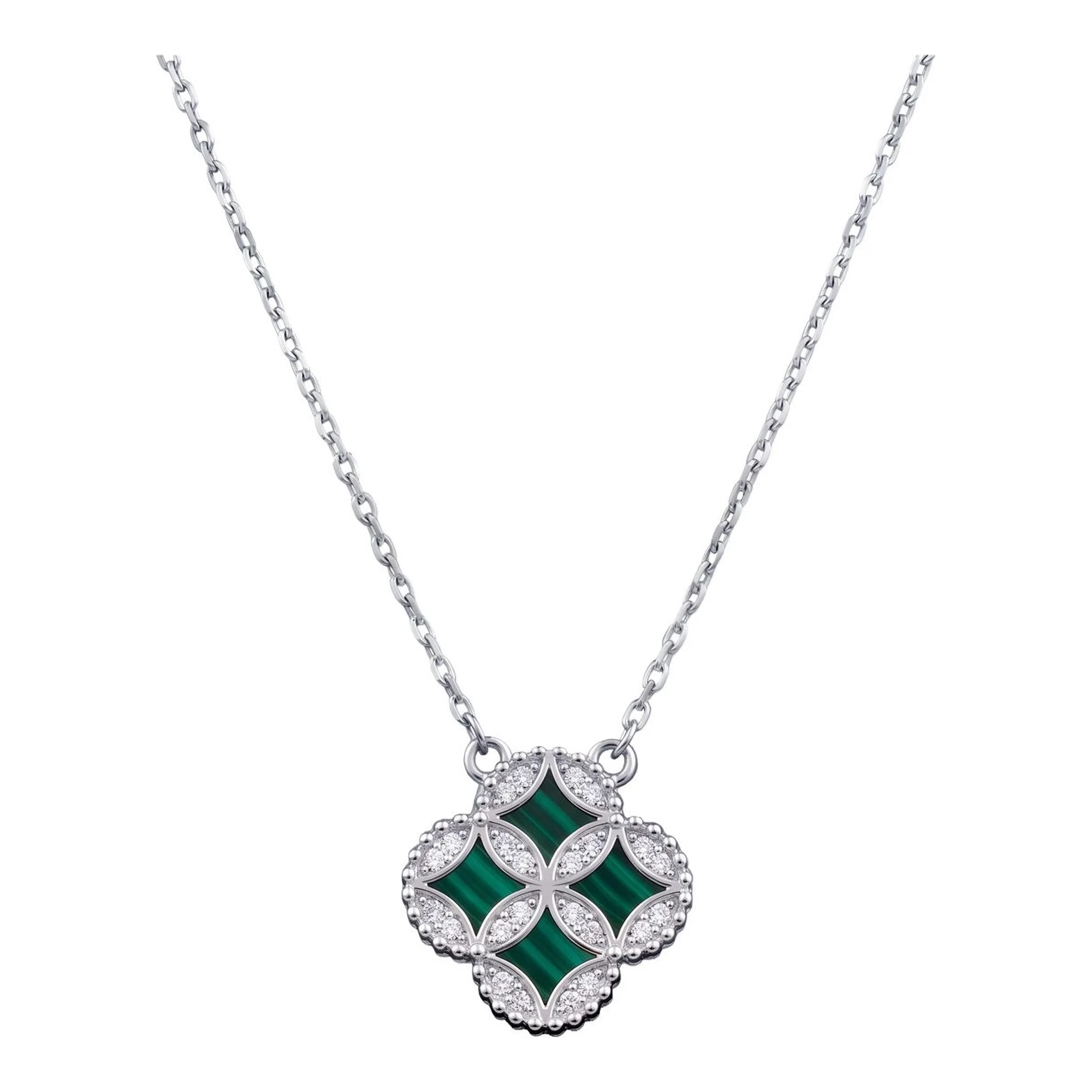 Collar de Plata .925 Trébol Verde Malaquita Doble Vista 42 cm - Imagen 2