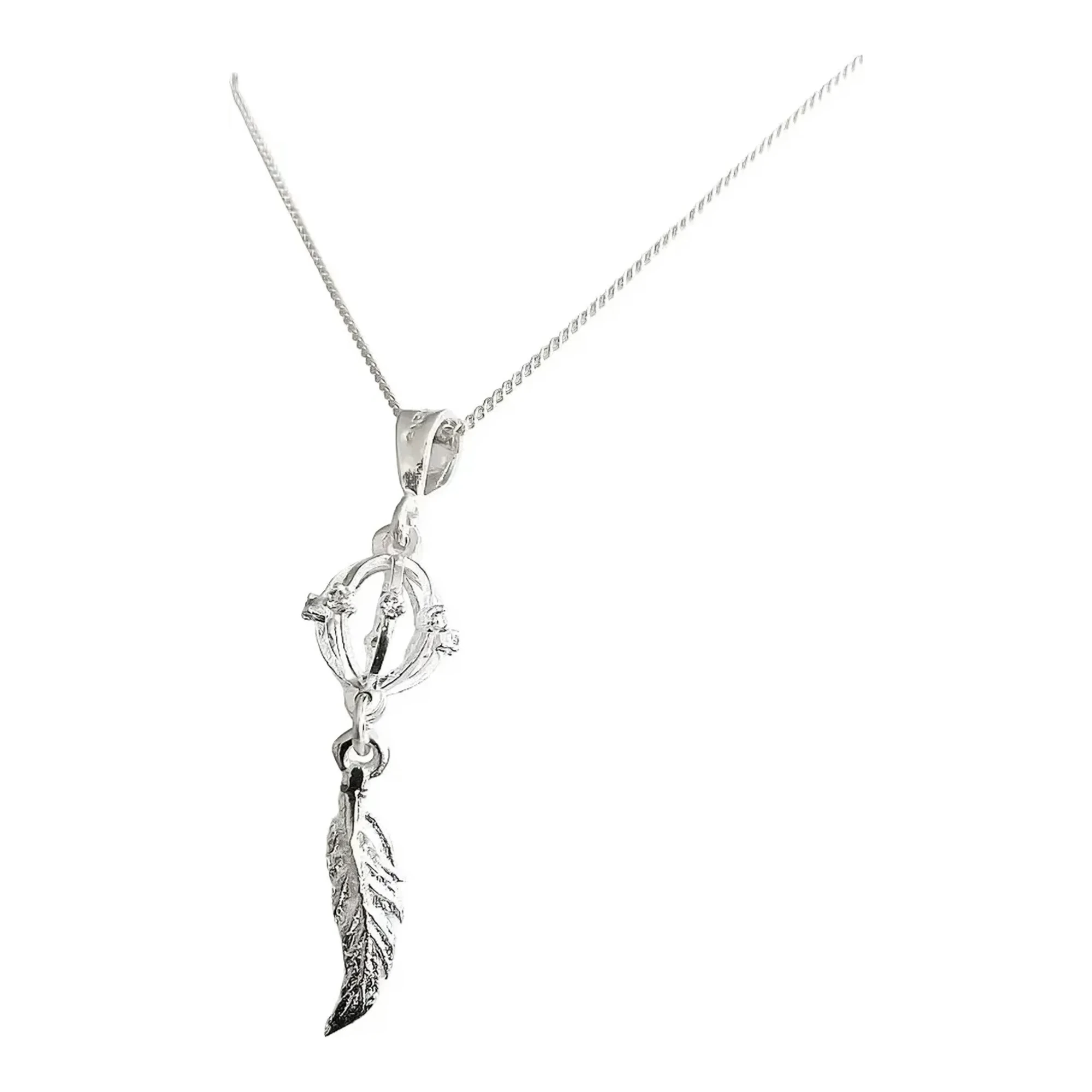 Collar dije atrapasueños plata ley 925 con zirconia brillante blanca, cadena barbada de 50 cm, joyeria de plata mexicana
