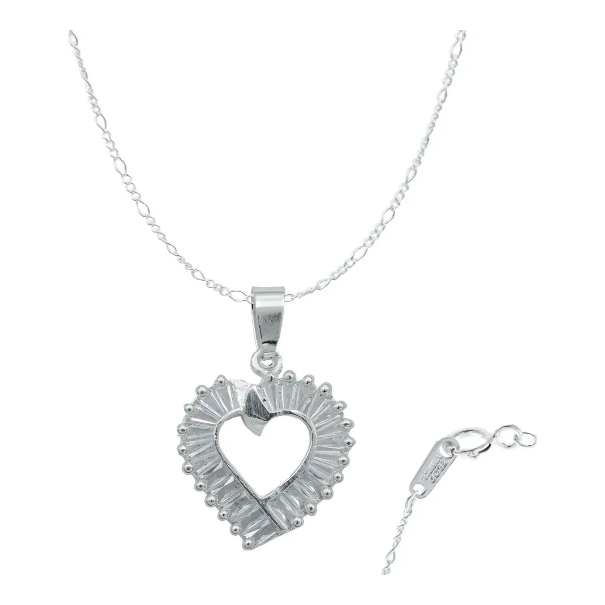 Collar dije corazón plata ley .925 brillante con zirconia corte baguette colgante y cadena Figaro 3x1 para mujer mexicana