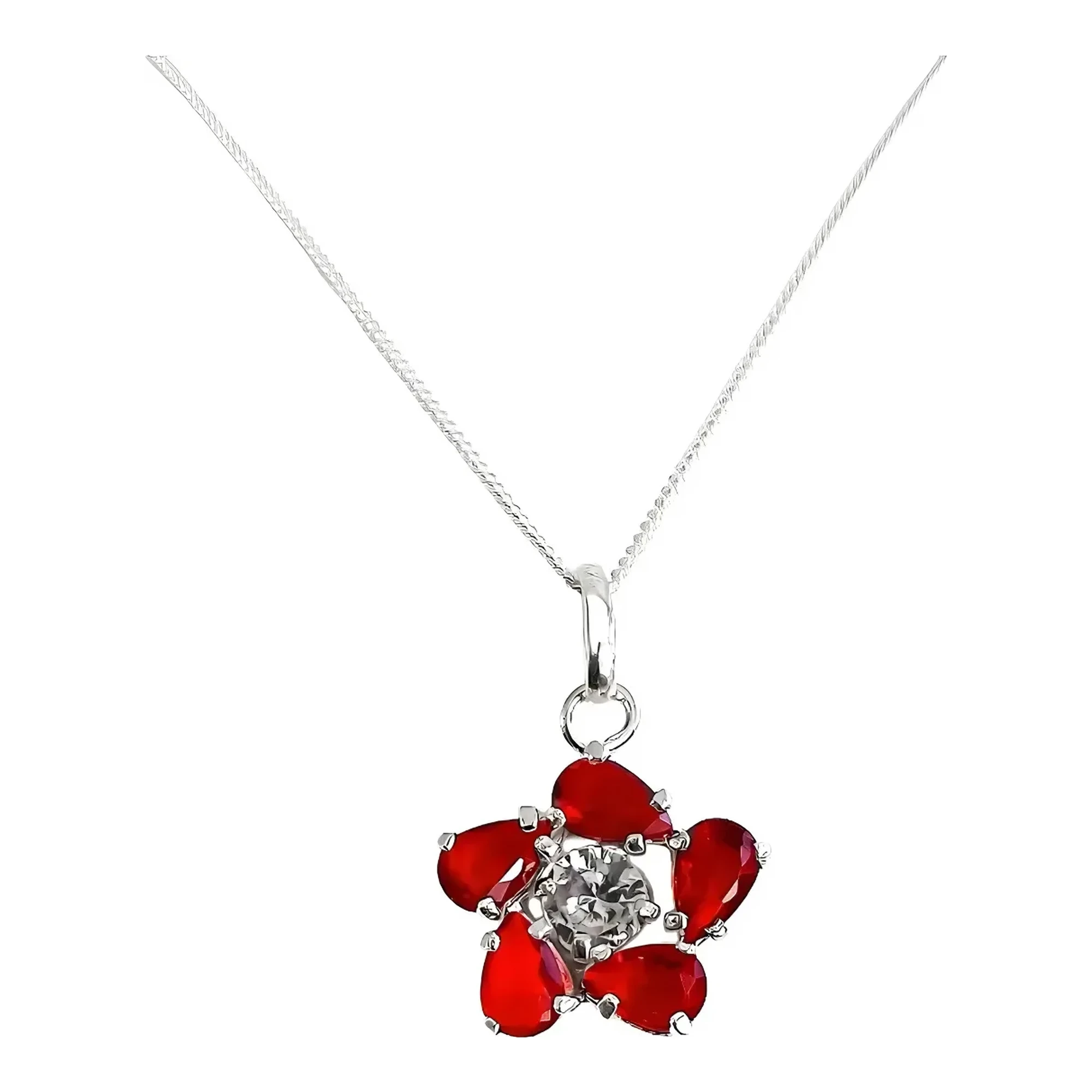 Collar dije flor plata .925 con zirconia roja vibrante para mujer, joyería minimalista mexicana, ideal para regalo.