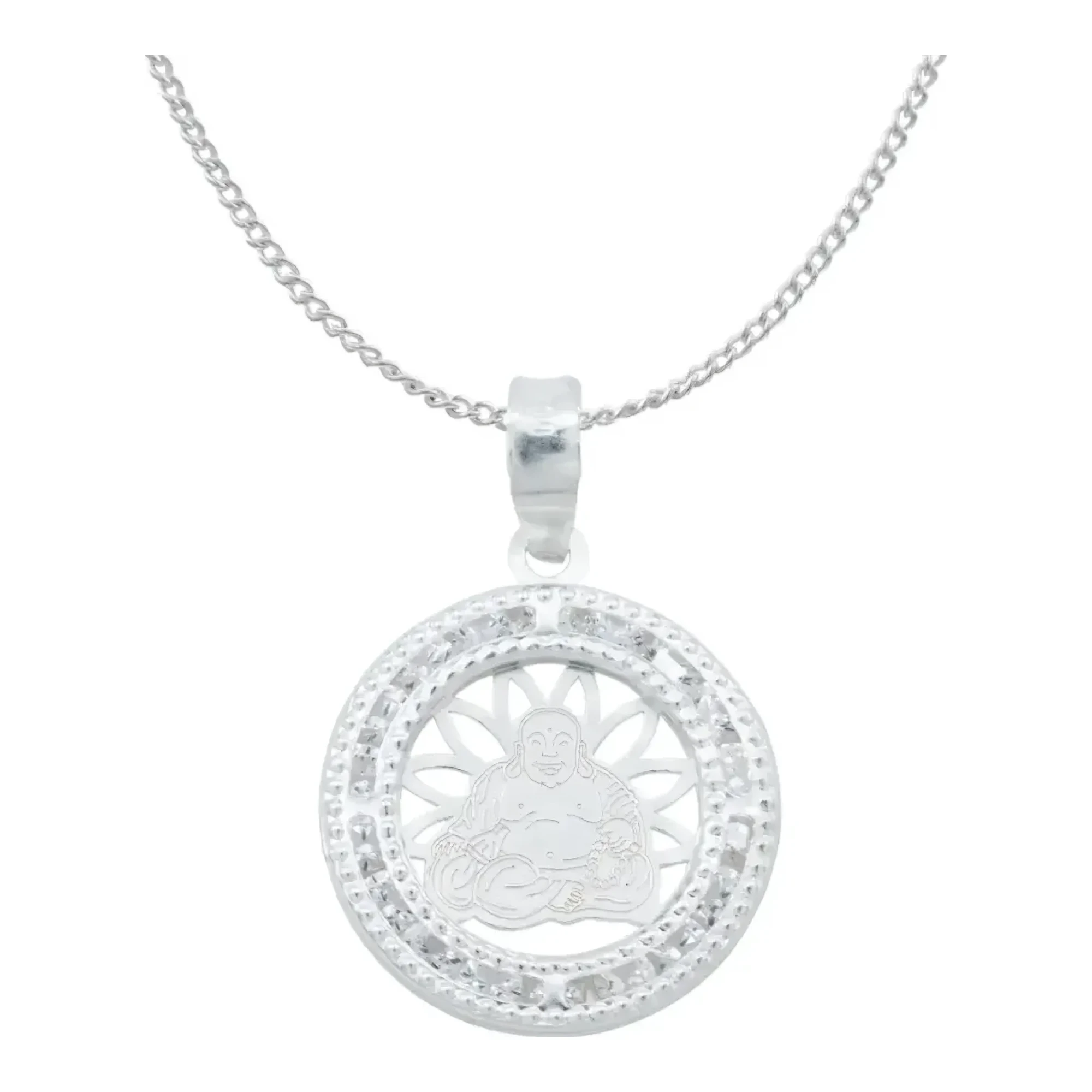 Dije medalla buda plata 925 con zirconia transparente corte brillante acabado láser y cadena barbada 50 cm de plata .925