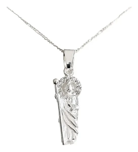 Collar Dije Medalla San Judas Tadeo Plata 925 con Zirconia y Cadena - Imagen 1