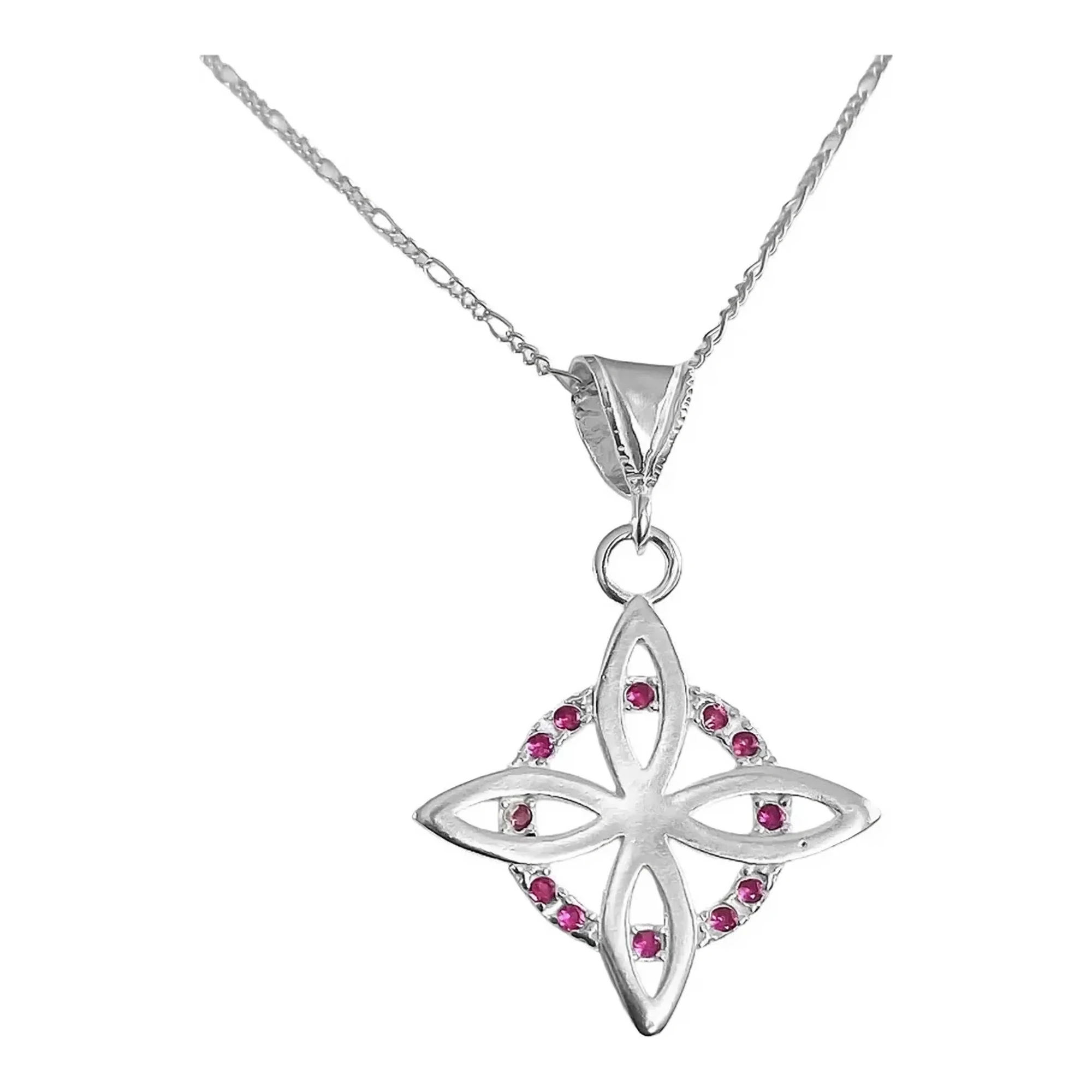 Dije nudo bruja plano plata .925 con zirconia fucsia central y cadena Figaro eslabonada para collar amuleto de protección.