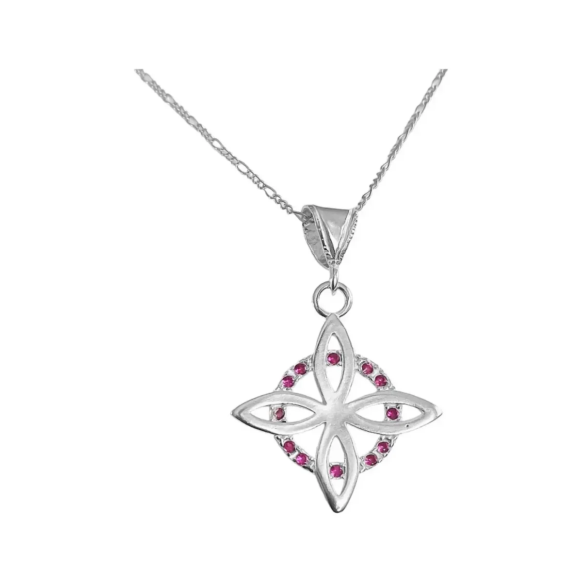 Collar Nudo Bruja Plano Plata 925 Zirconia Fucsia, joyería de autor, amuleto de protección, colgante significado.