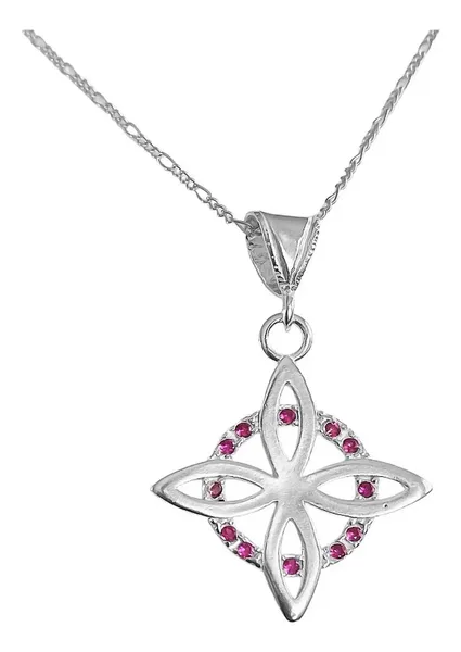 Collar Dije Nudo Bruja Plano Plata 925 Zirconia Fucsia con Cadena - Imagen 1