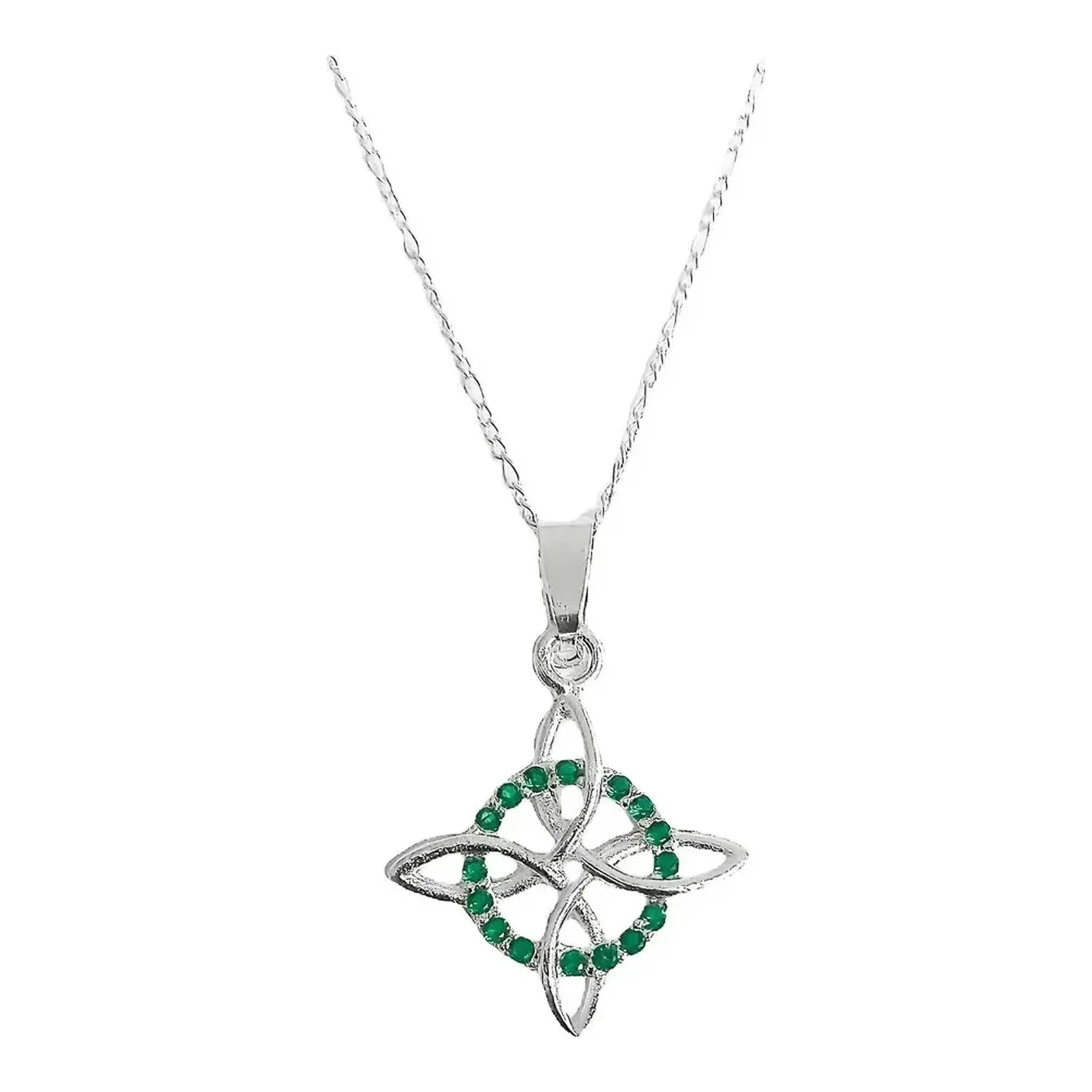 Collar dije nudo de bruja original en plata .925 con zirconia verde central brillante y cadena figaro 3x1 de cincuenta cm