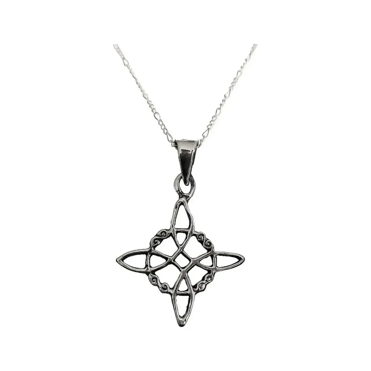 Collar Dije Nudo Bruja Plata .925 Pavonado, Cadena Figaro 3x1 Unisex. Joyería mística, amuleto protección y plata reciclada.