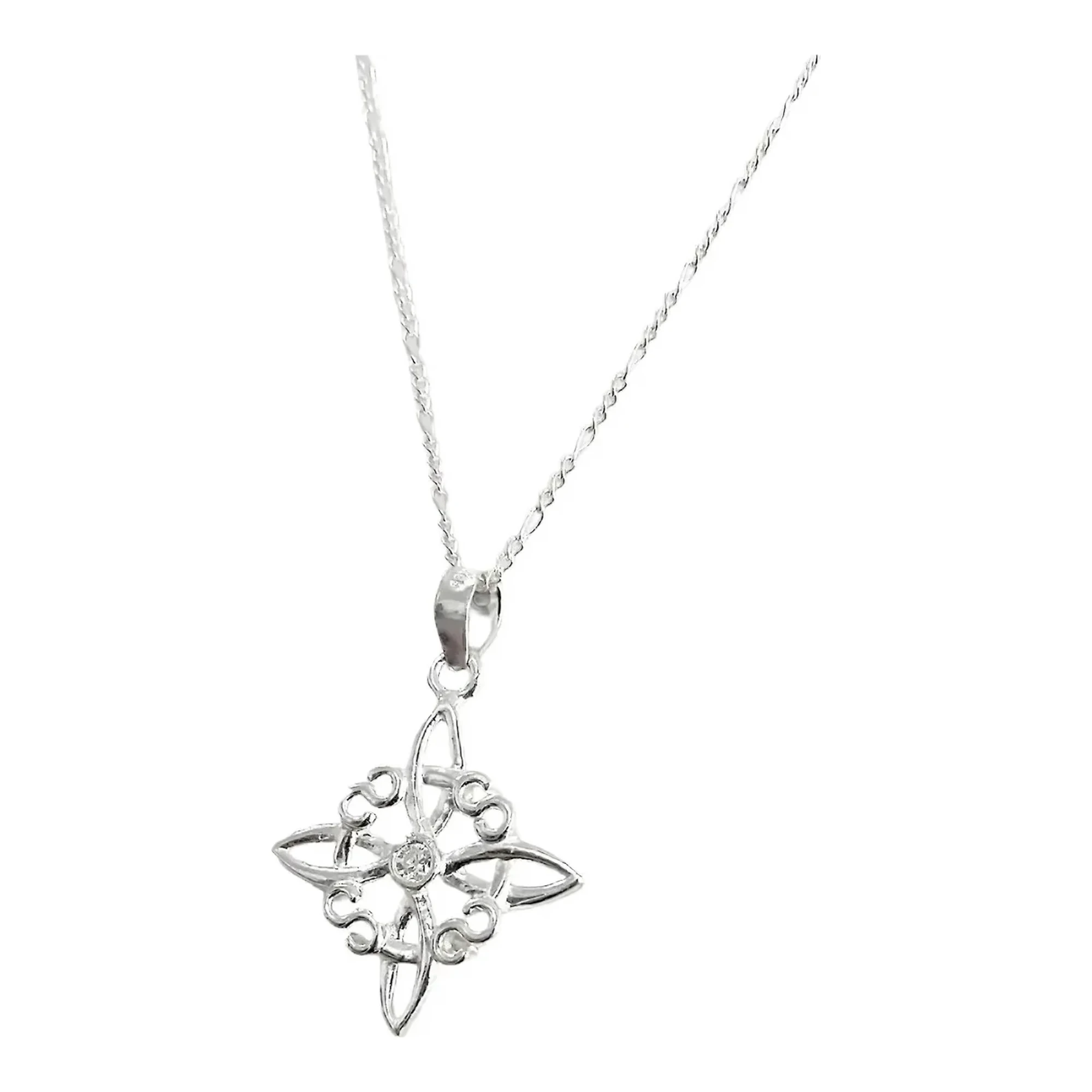 Dije nudo de bruja plata 925 con zirconia blanca central, acabado vaciado, cadena Figaro 3x1 y broche bandola para mujer