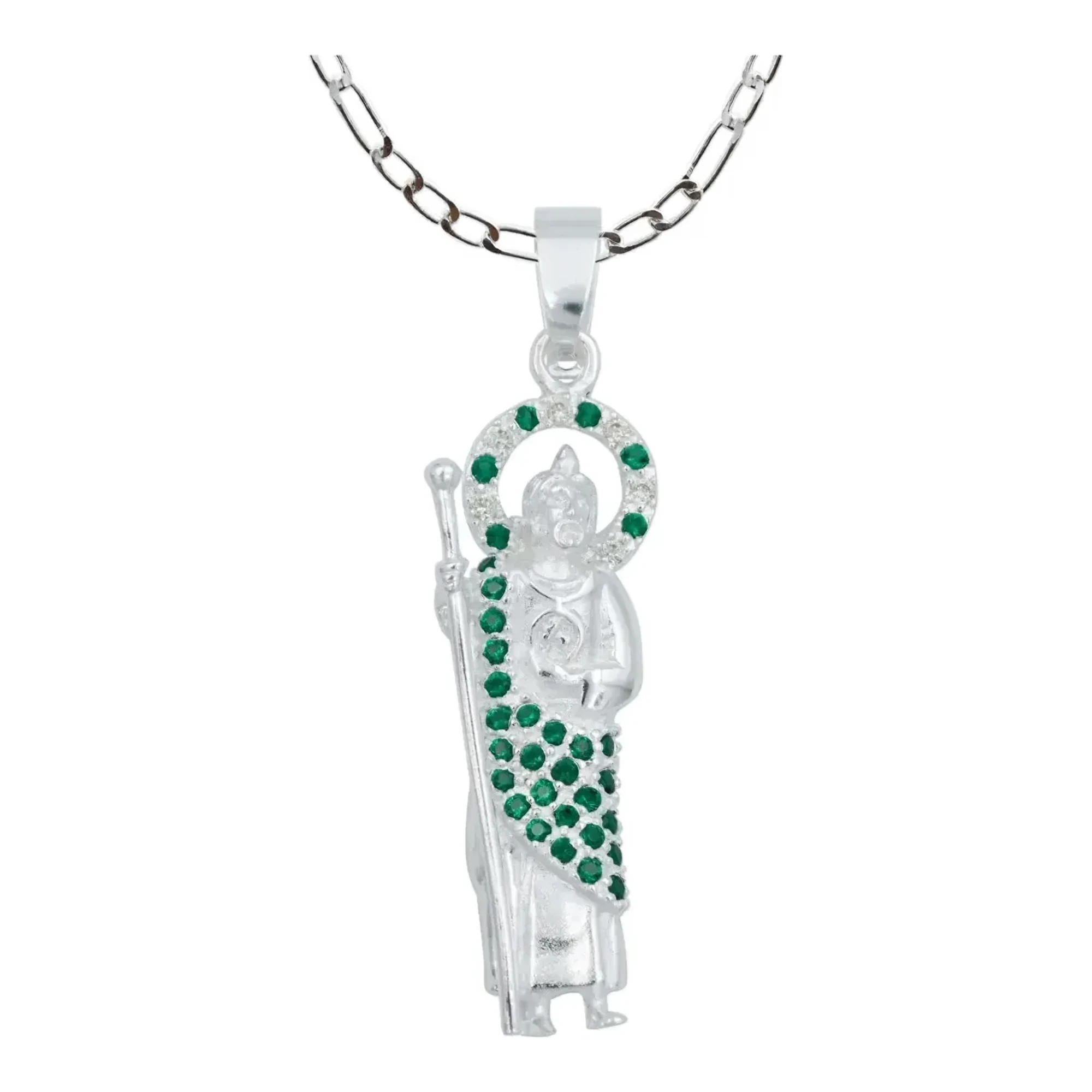 Dije San Judas Tadeo con zirconias verde en plata 925 nacional y cadena Figaro de 50 cm con broche bandola para hombre