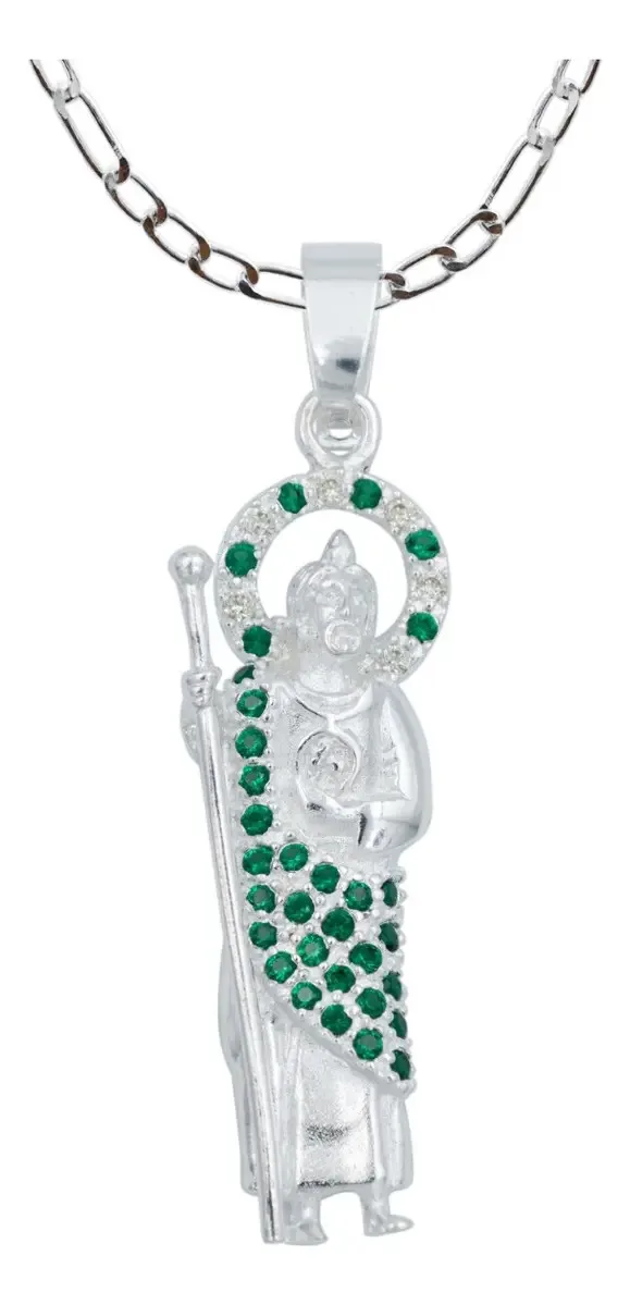 Collar Dije San Judas Tadeo Plata Ley 925, medalla artesanal mexicana con zirconia verde. Joyería de protección con cadena Fi