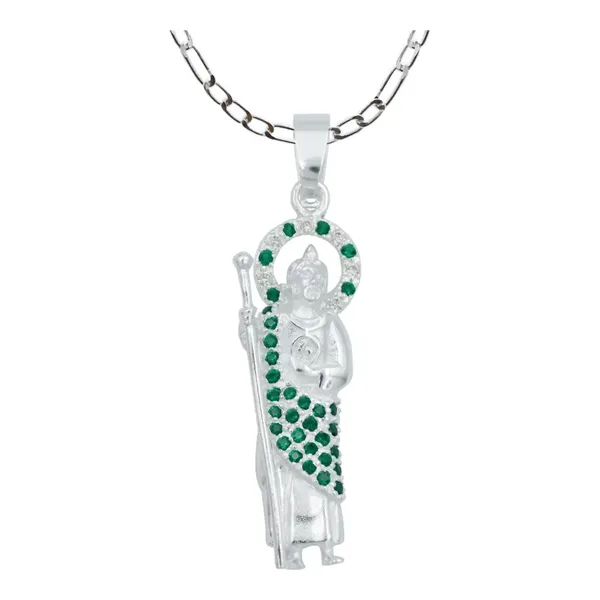 Collar Dije San Judas Plata 925 Zirconia Verde Cadena Figaro - Imagen 1