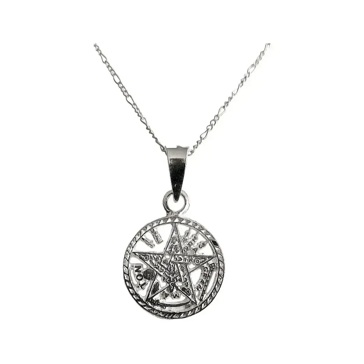 Collar Dije Tetragramaton sagrado, Plata .925 Nacional diamantada, con Cadena Figaro. Amuleto de protección para hombre.