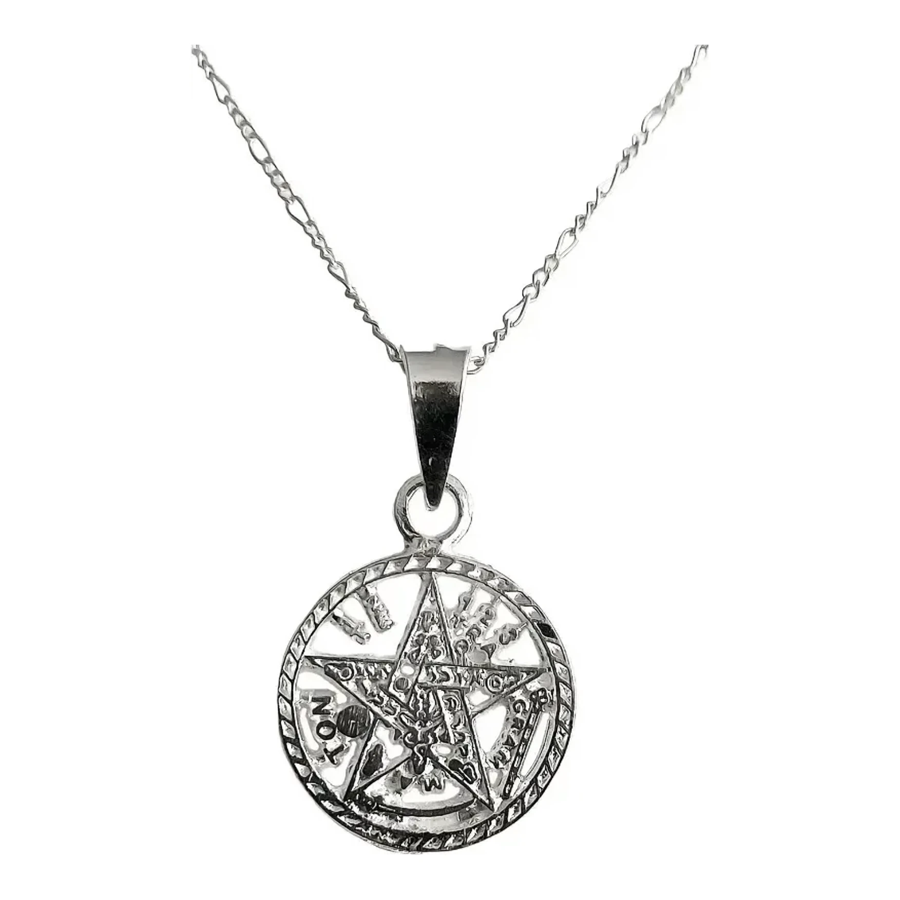 Dije tetragramaton plata ley .925 taxco diamantado 33x20 mm con cadena figaro de 50 cm y broche bandola amuleto pentagrama