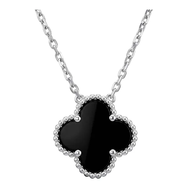 Collar dije trébol ónix negro en plata ley .925 rodizada ajustable - Joyaris joyería fina mexicana