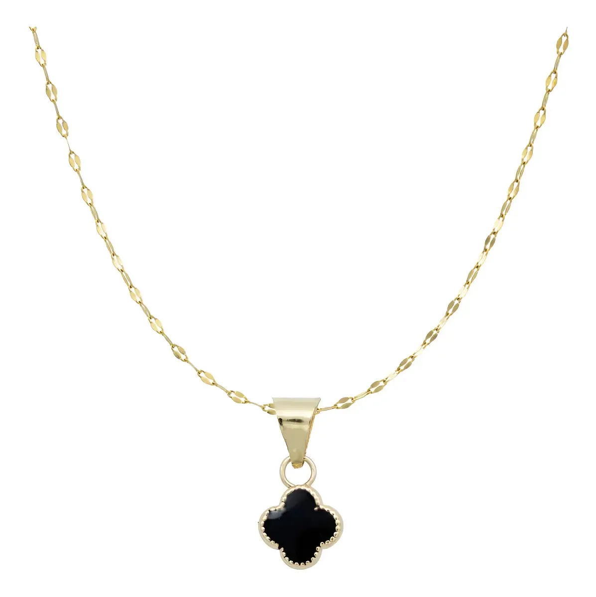 Collar dije trébol de ónix oro 10k esmaltado negro, con cadena granito cafe oro 10k. Joyería de tendencia con significado.