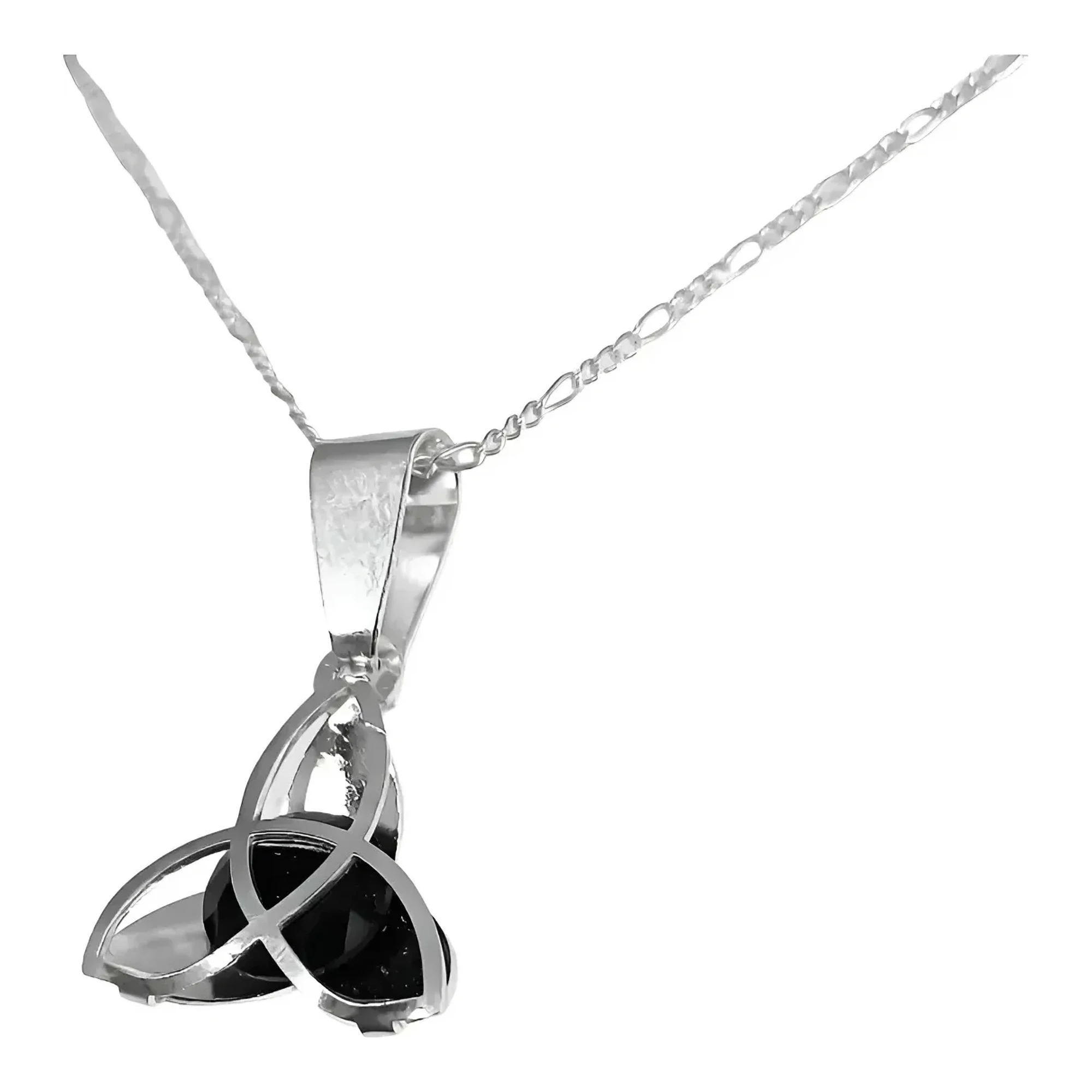 Collar Dije Triqueta Plata 925 con Zirconia Negra, diseño artesanal de nudo celta. Joyería de plata mexicana 925, amuleto de