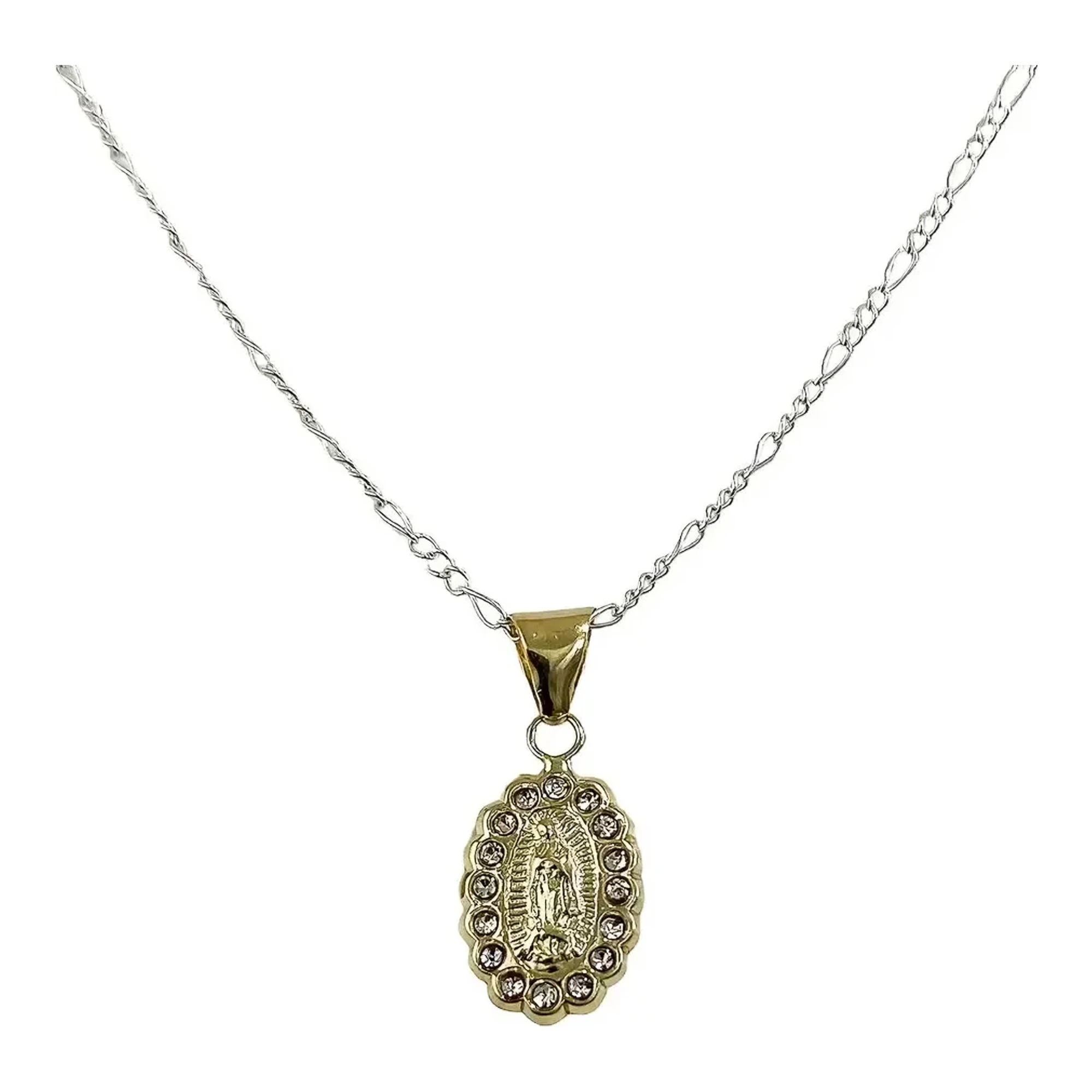 Cadena con dije virgen de guadalupe oro 10k amarillo troquelado con zirconia blanca brillante y cadena figaro 3x1 de 50 cm