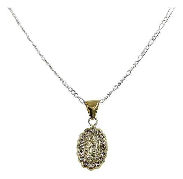 Collar Dije Virgen de Guadalupe Oro 10k Calado con Zirconia y Cadena - Imagen 1