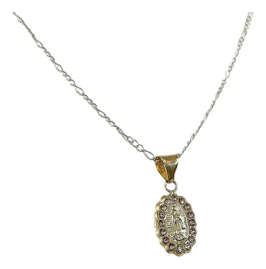Collar Dije Virgen de Guadalupe Oro 10k Calado con Zirconia y Cadena - Imagen 1