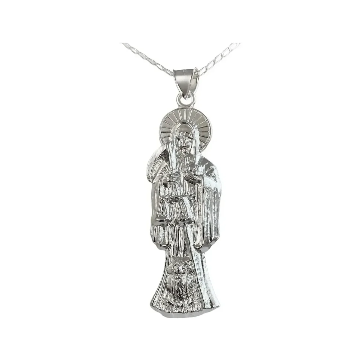Collar Medalla Santa Muerte Plata .925, colgante esotérico mexicano con diseño calado. Amuleto de protección místico artesana