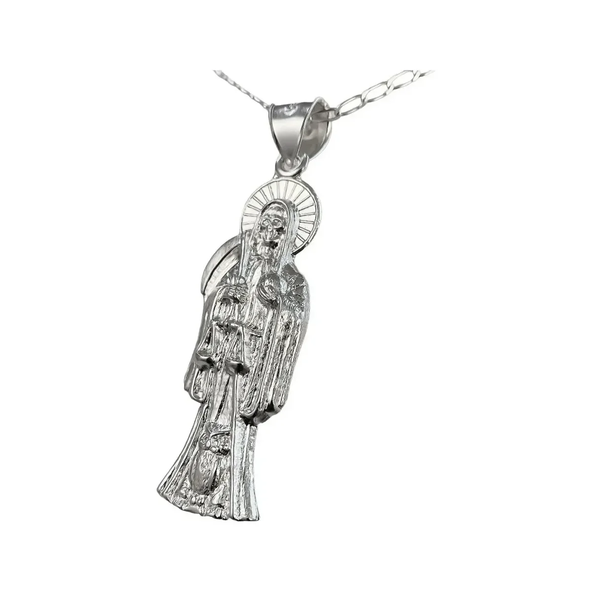 Collar Medalla Santa Muerte Plata 925 Diseño Hueco Unisex - Imagen 3