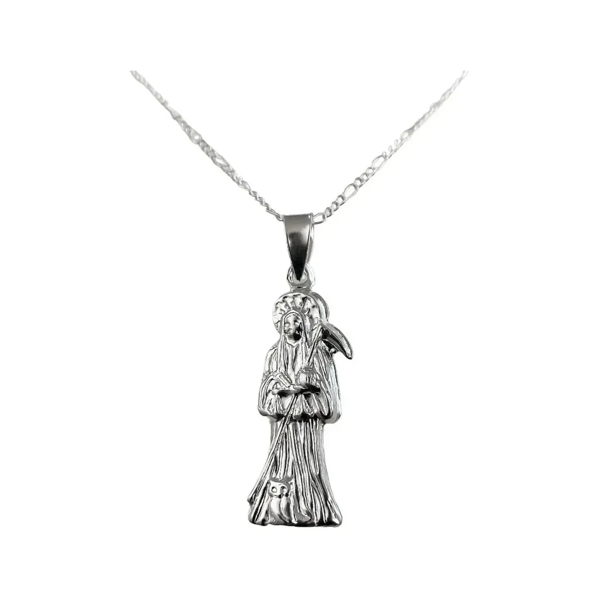 Collar medalla Santa Muerte de Plata Ley 925 mexicana, talismán de protección con diseño plano, acabado brillante. Joyería de