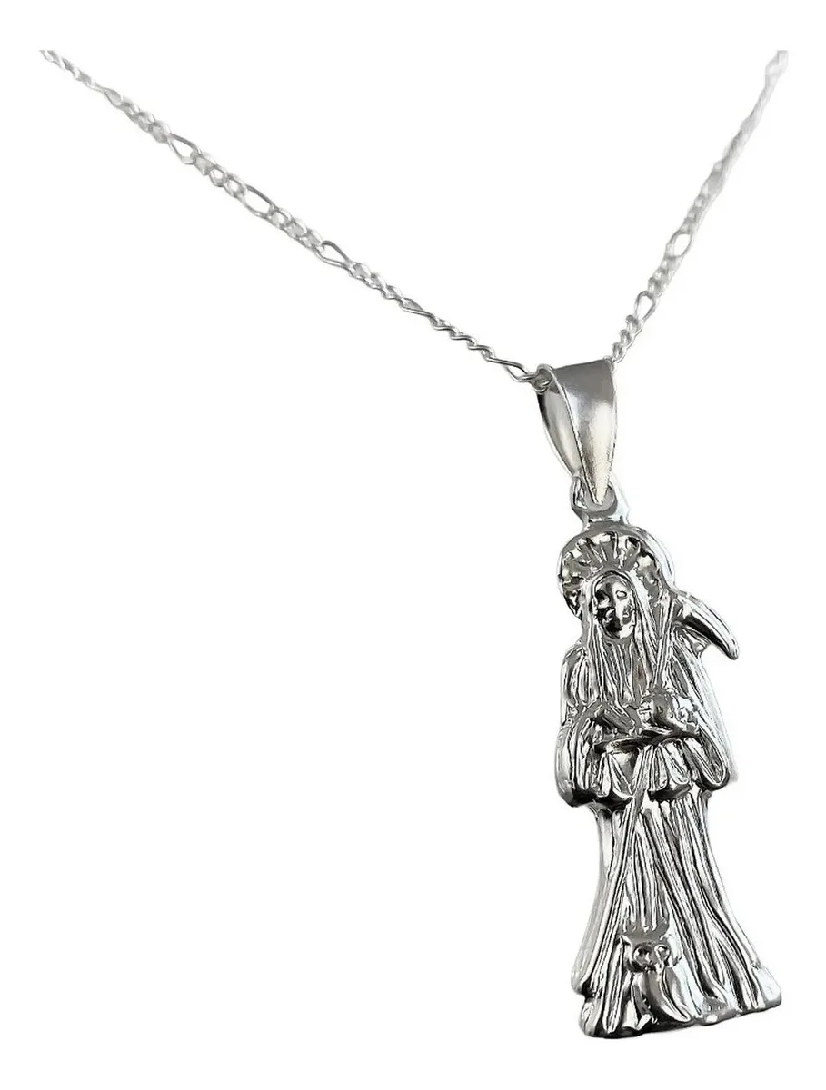 Collar Medalla Santa Muerte Plata Ley 925 Hueca Diseño Plano - Imagen 3