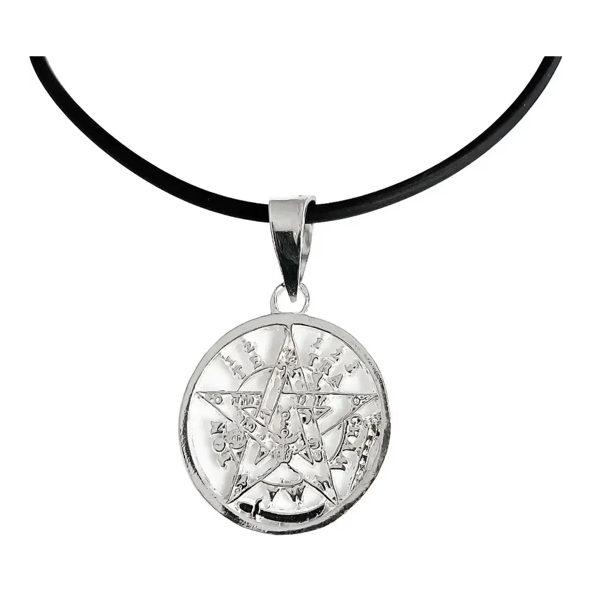 Collar Medalla Tetragramaton Plata 925 con Cadena de Caucho - Joyaris joyería fina mexicana unisex