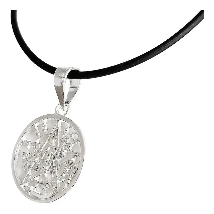 Collar Medalla Tetragramaton Plata 925 con Cadena de Caucho - Imagen 1
