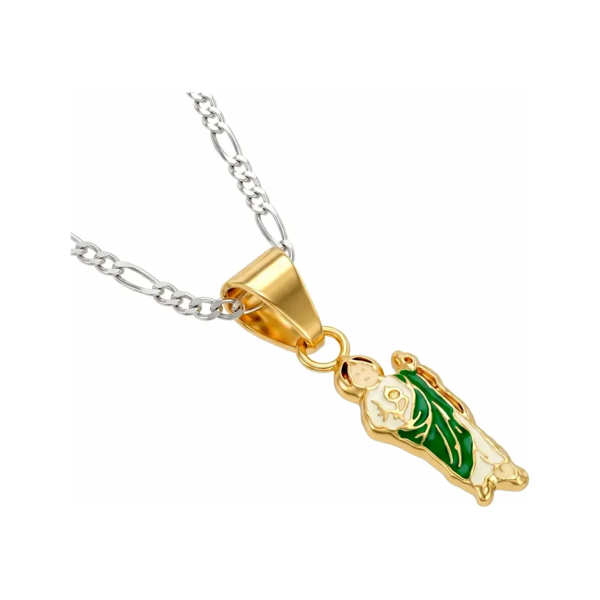 Collar Mini San Judas Esmaltado Verde Oro 10k - Imagen 2