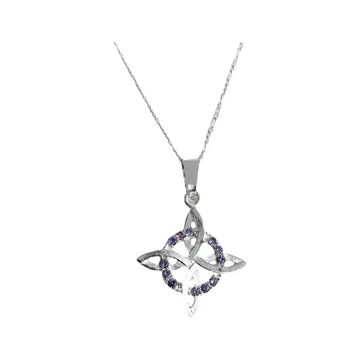 Collar Nudo Bruja Plano Plata .925 Zirconia Morada, colgante de protección energética con diseño ancestral y cadena Figaro 3x