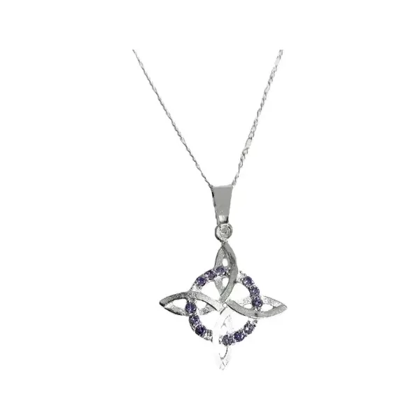 Collar Nudo Bruja Plano Plata 925 Zirconia Morada con Cadena Figaro 3x1 - Imagen 1