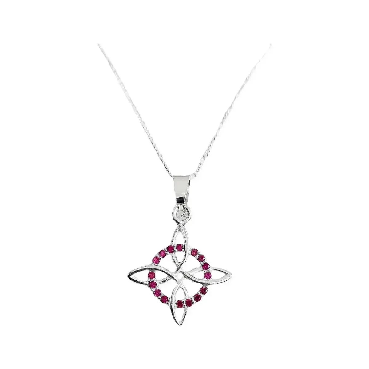 Collar Nudo Bruja Plata .925, zirconias rosas brillantes, diseño místico. Amuleto de protección, joyería con significado.