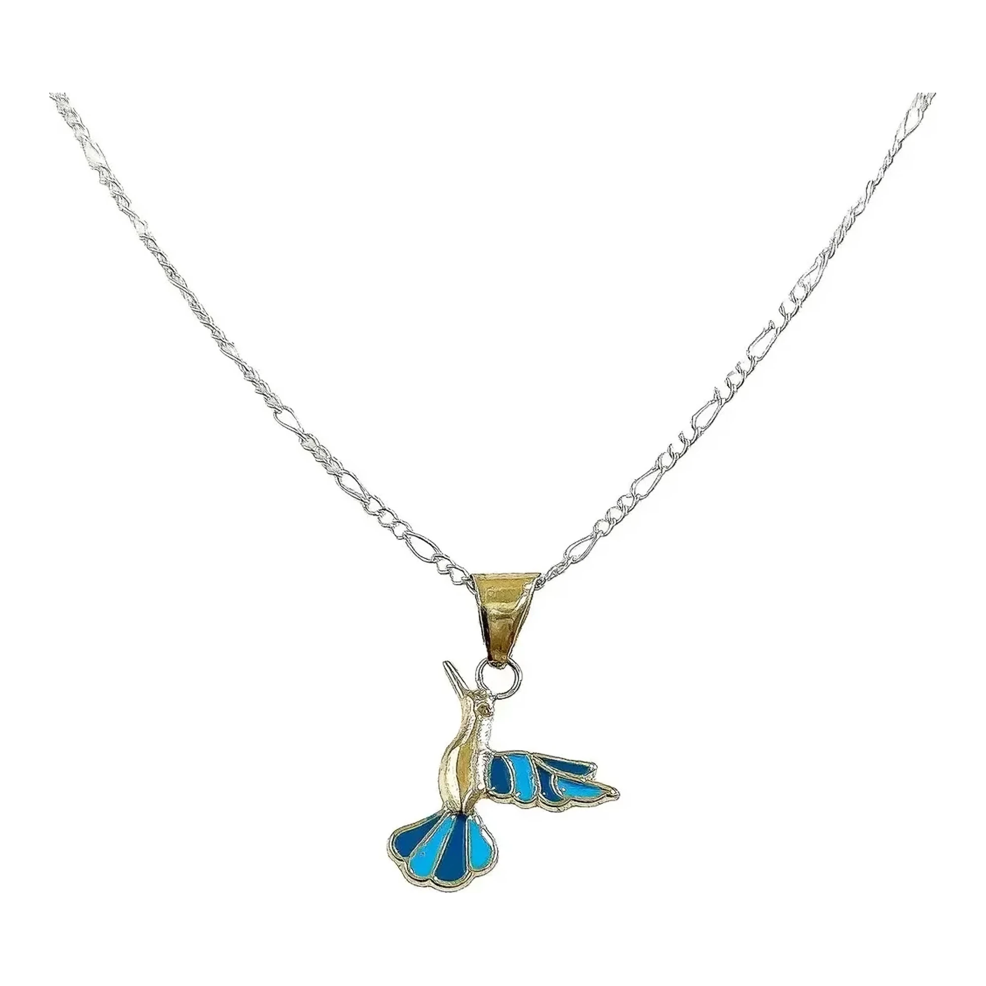 Collar oro 10k colibri con esmalte azul dije de 20x13 mm y cadena de 50 cm en oro amarillo autentico broche bandola Joyaris