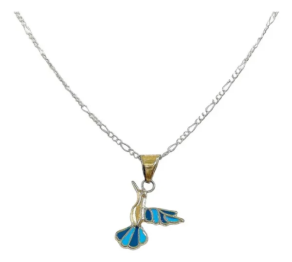 Collar Oro 10k Colibrí Hueco con Esmalte Azul 50cm - Imagen 1