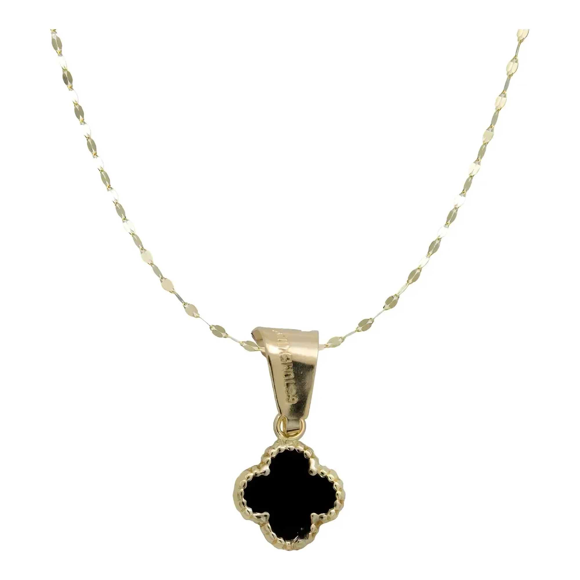 Collar de Oro 10k con dije Trébol esmaltado negro y cadena - Joyaris joyería fina mexicana unisex